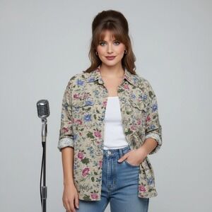 Lizwear Floral‎ Button Up Shirt Rayon Long Sleeve Beige Pink Blue Size M